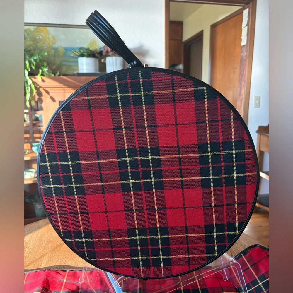 Vintage Luggage Tartan Red Plaid 3 Items. Hat Box/Zip Clothing Cover/Tall Tote